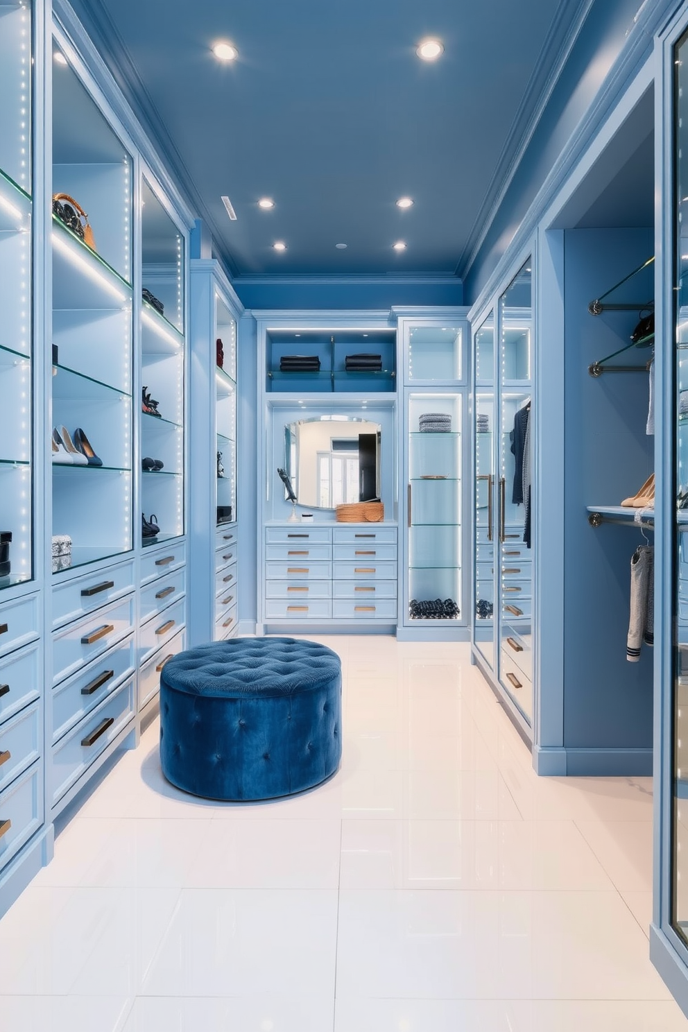 A stunning walk-in closet featuring cool blue tones throughout the space. The walls are painted in a soft blue hue, complemented by metallic accents in the shelving and lighting fixtures. The flooring is a sleek white tile that enhances the overall brightness of the room. Elegant glass display cases showcase accessories, while a plush ottoman in a deeper blue provides a stylish seating area.