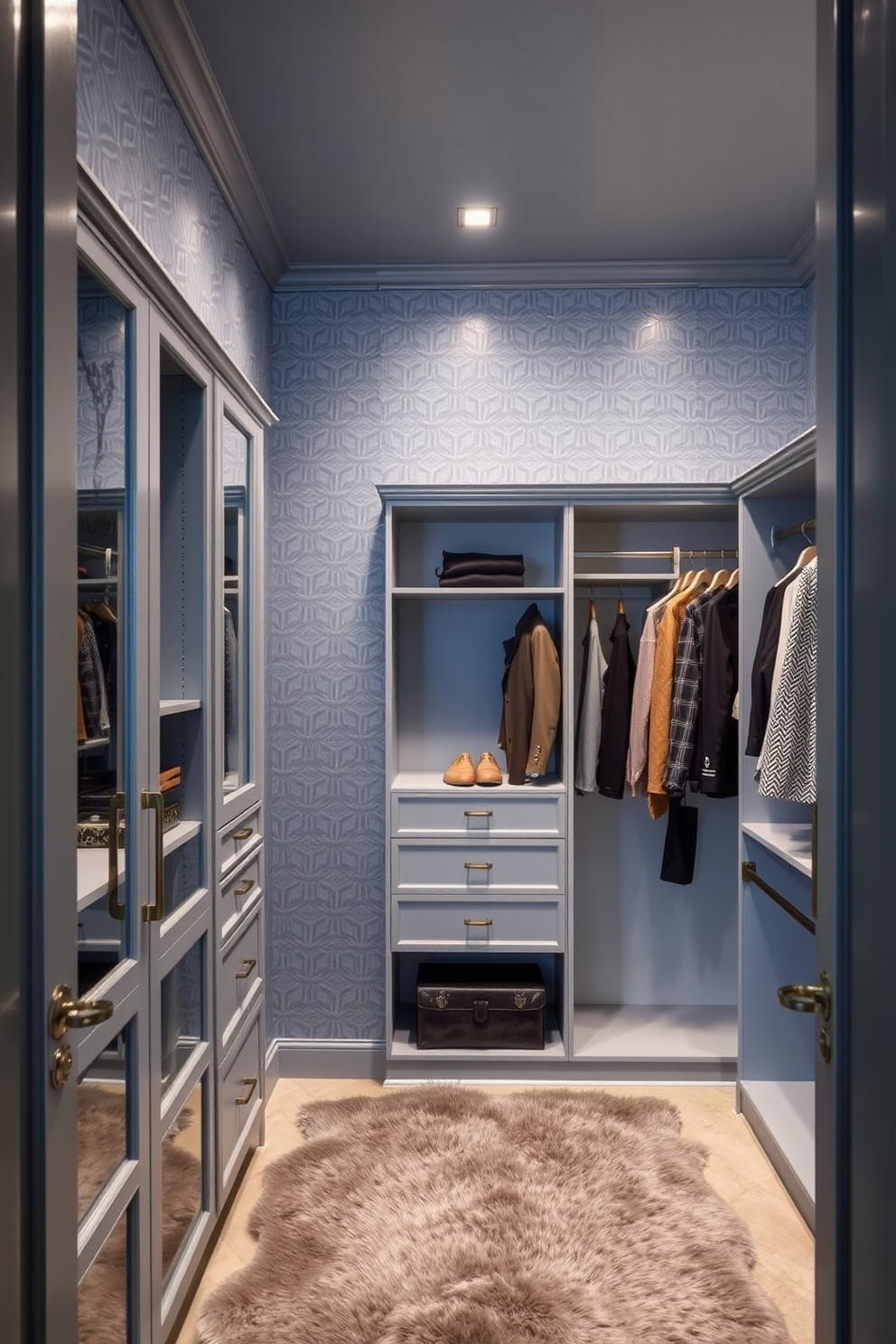 A luxurious walk-in closet featuring dusty blue wallpaper adorned with elegant geometric designs. The space includes custom shelving and hanging options, complemented by a plush area rug and stylish lighting fixtures.