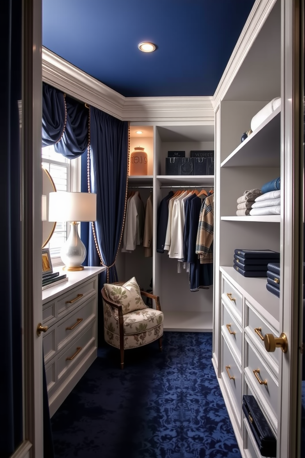 A vintage blue trunk sits elegantly at the foot of the bed, providing additional storage while adding a pop of color to the room. The trunk features brass accents and a weathered finish, enhancing the charm of the space. The walk-in closet is designed with soft blue walls and custom shelving, creating a serene and organized environment. Elegant lighting fixtures illuminate the space, showcasing beautifully arranged clothing and accessories.