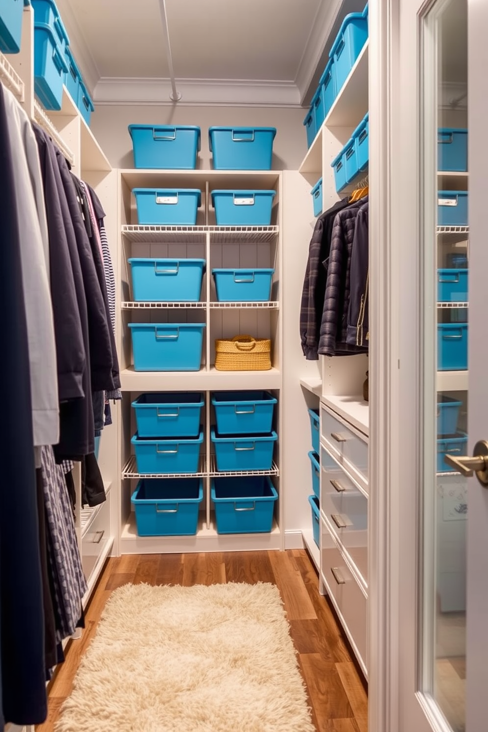 A spacious walk-in closet featuring cerulean blue storage bins arranged neatly on shelves for easy access. The walls are adorned with soft white paneling, and a plush area rug in neutral tones adds warmth to the space.