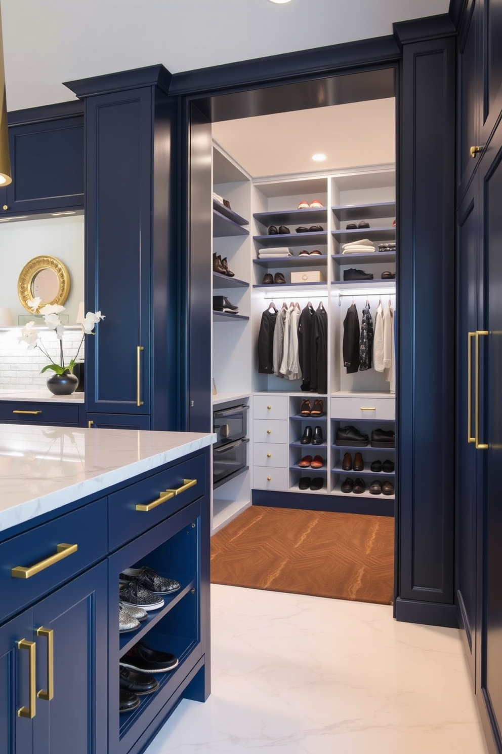 A navy blue kitchen island features built-in shoe storage beneath the countertop, providing a stylish and functional solution for organizing footwear. The island is complemented by sleek brass hardware and a polished marble countertop that enhances the overall elegance of the space. The walk-in closet is designed with an open layout, showcasing custom shelving and hanging space in a harmonious blend of navy blue and soft white tones. Accent lighting highlights the organized shoe storage, creating a chic and inviting atmosphere for wardrobe selection.