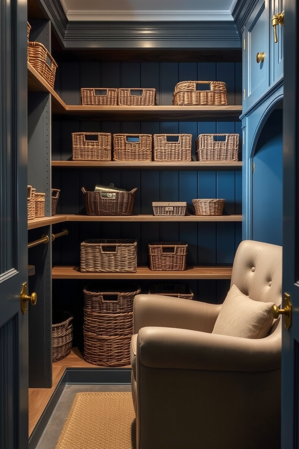 A faded blue walk-in closet exudes rustic charm with its weathered wooden shelves and vintage brass hardware. Soft lighting illuminates the space, highlighting the rich textures of the woven baskets and the cozy armchair nestled in the corner.