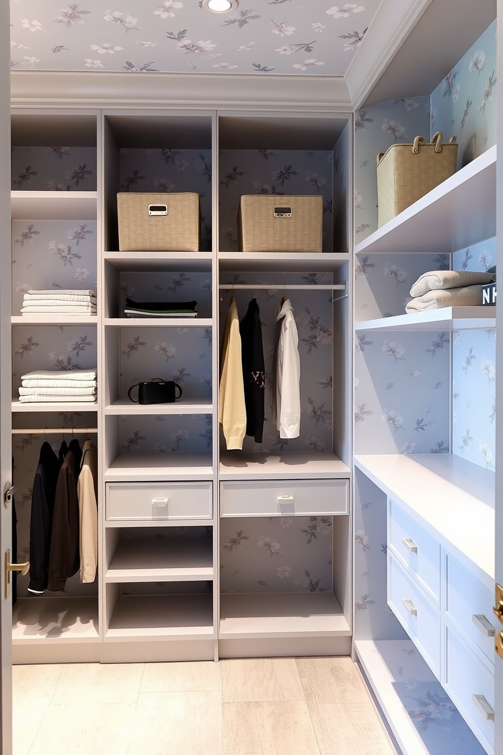 Light blue upholstered bench for seating. The bench is placed against the wall in a spacious walk-in closet, surrounded by elegant shelving and hanging spaces. The closet features soft lighting that highlights the blue tones of the bench. Stylish accessories and neatly organized shoes are displayed on the shelves, creating a chic and functional space.