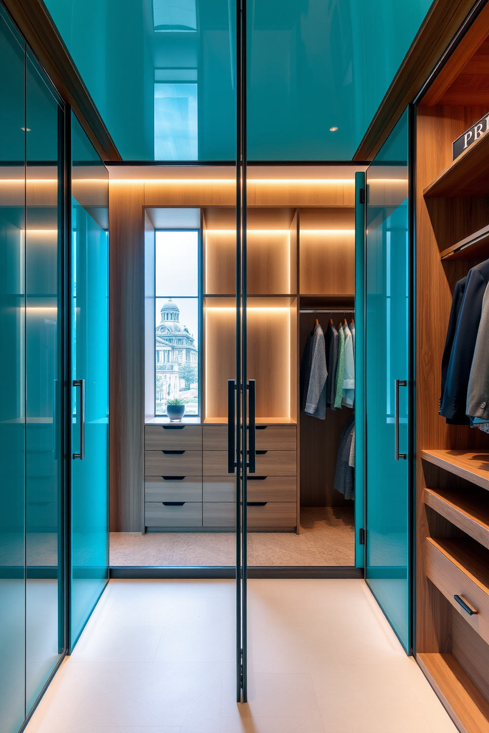 A modern walk-in closet featuring turquoise glass doors that create a striking visual appeal. The interior is designed with sleek shelving and hanging space, accented by warm wood tones for a sophisticated touch.