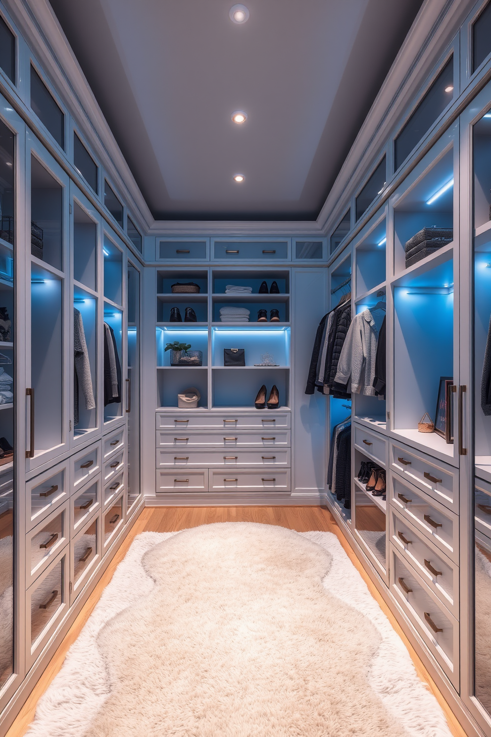 A spacious walk-in closet featuring soft blue lighting fixtures that create a calming ambiance. The closet is designed with custom shelving and hanging space, complemented by a plush area rug and elegant accessories.