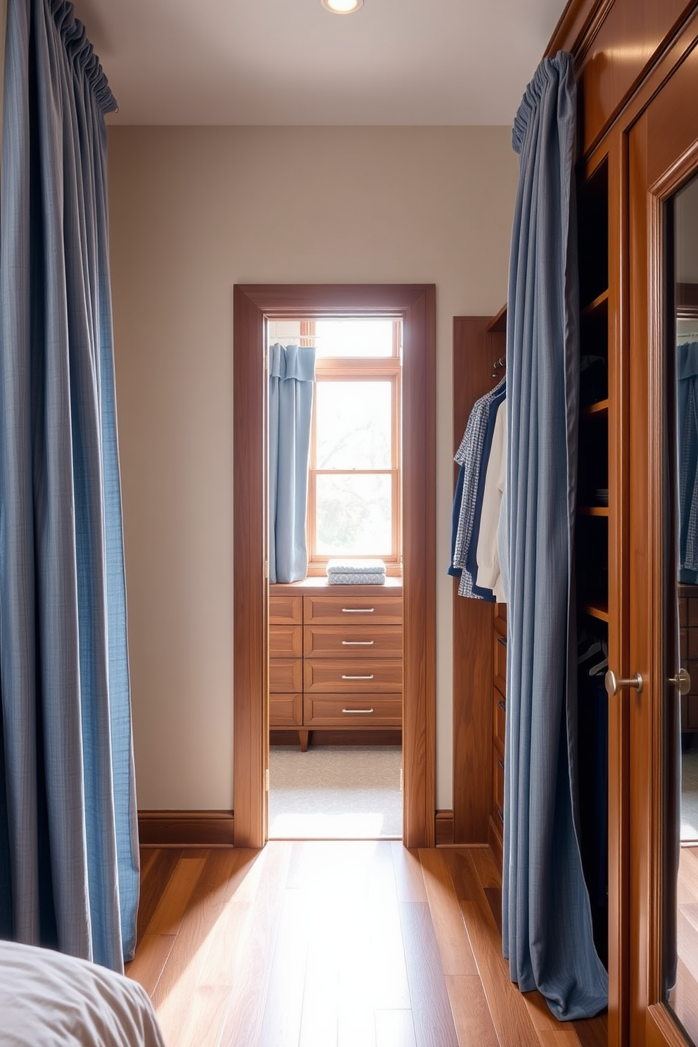 Denim blue curtains drape elegantly from the ceiling to the floor, creating a cozy atmosphere in the room. The soft fabric gently filters natural light, adding warmth and tranquility to the space. The walk-in closet features custom shelving and hanging space, designed for optimal organization and accessibility. Rich wood finishes complement the denim blue accents, creating a harmonious blend of style and functionality.