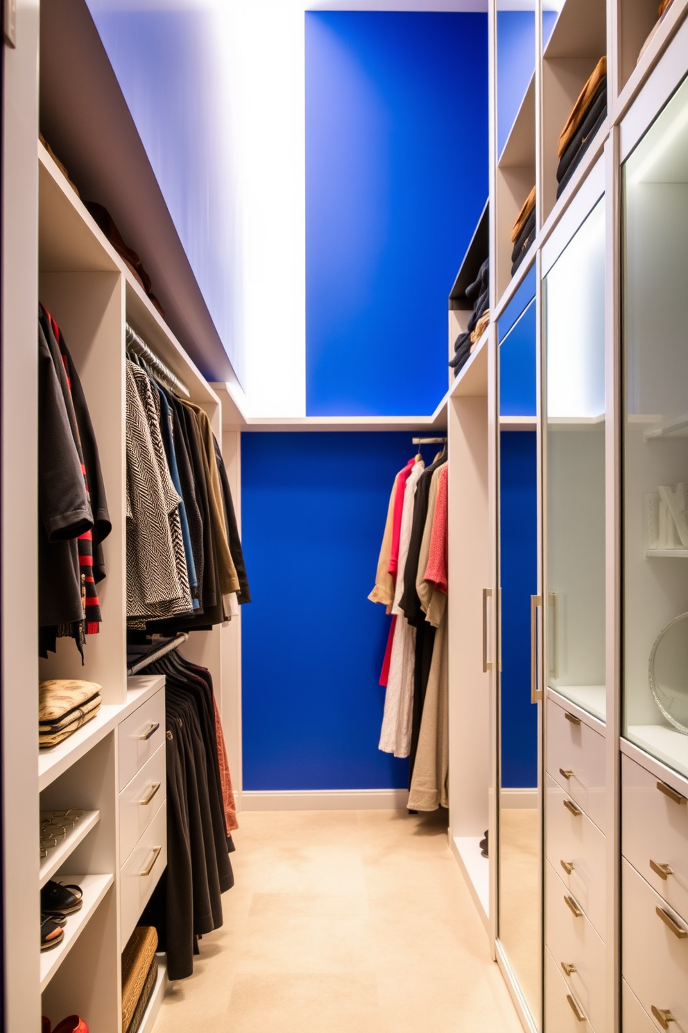 A striking walk-in closet features a cobalt blue accent wall that adds a bold touch. The space is adorned with full-length mirrors that reflect the vibrant color, enhancing the feeling of openness. The closet is designed with custom shelving and hanging spaces, showcasing a variety of clothing and accessories. Soft ambient lighting illuminates the area, creating an inviting atmosphere for organization and style.