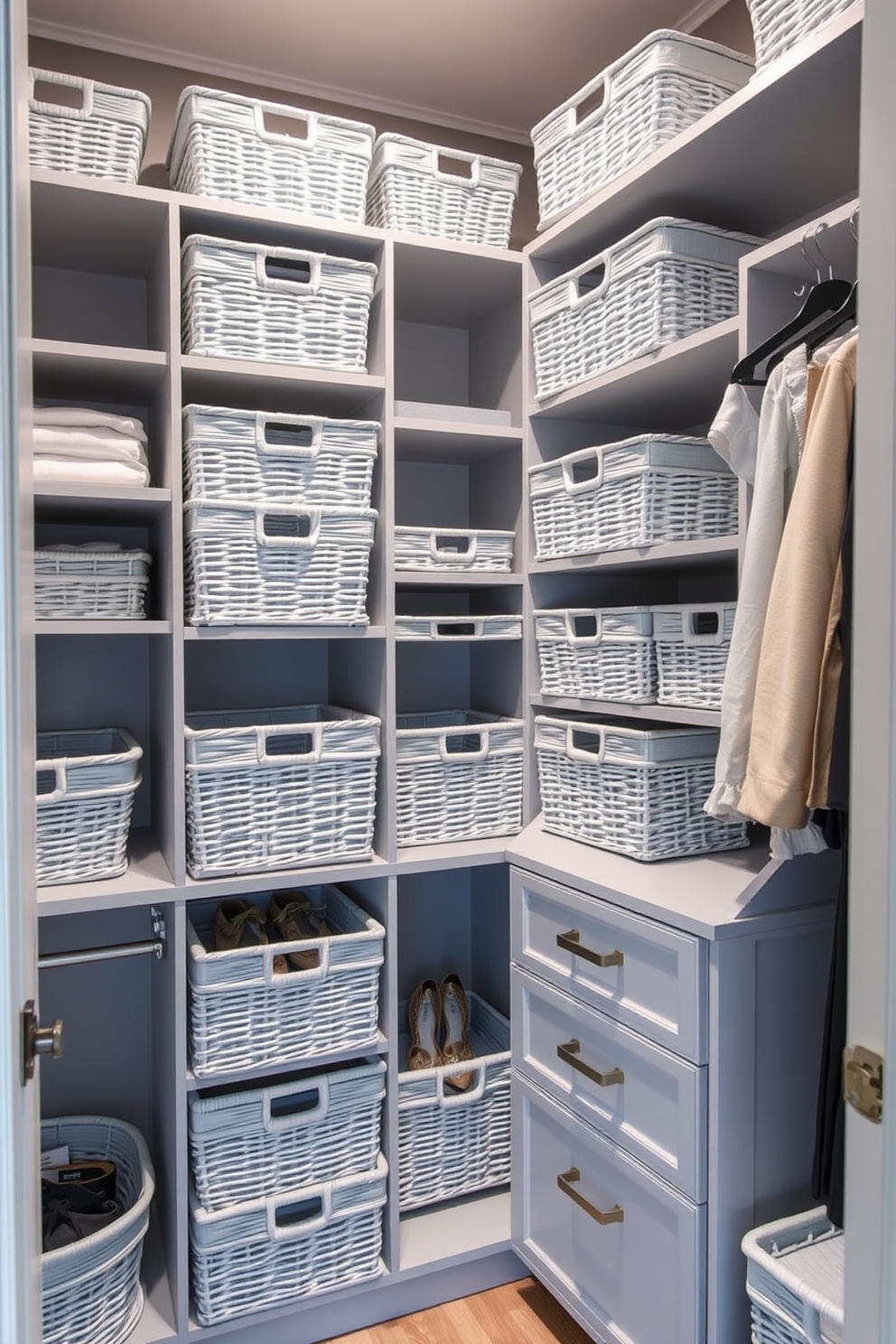 A stylish walk-in closet featuring pastel blue baskets for organized storage. The baskets are neatly arranged on open shelves, creating a cohesive and tranquil aesthetic. The closet includes a combination of hanging rods and drawers to maximize space. Soft lighting illuminates the area, highlighting the elegant design and functionality.