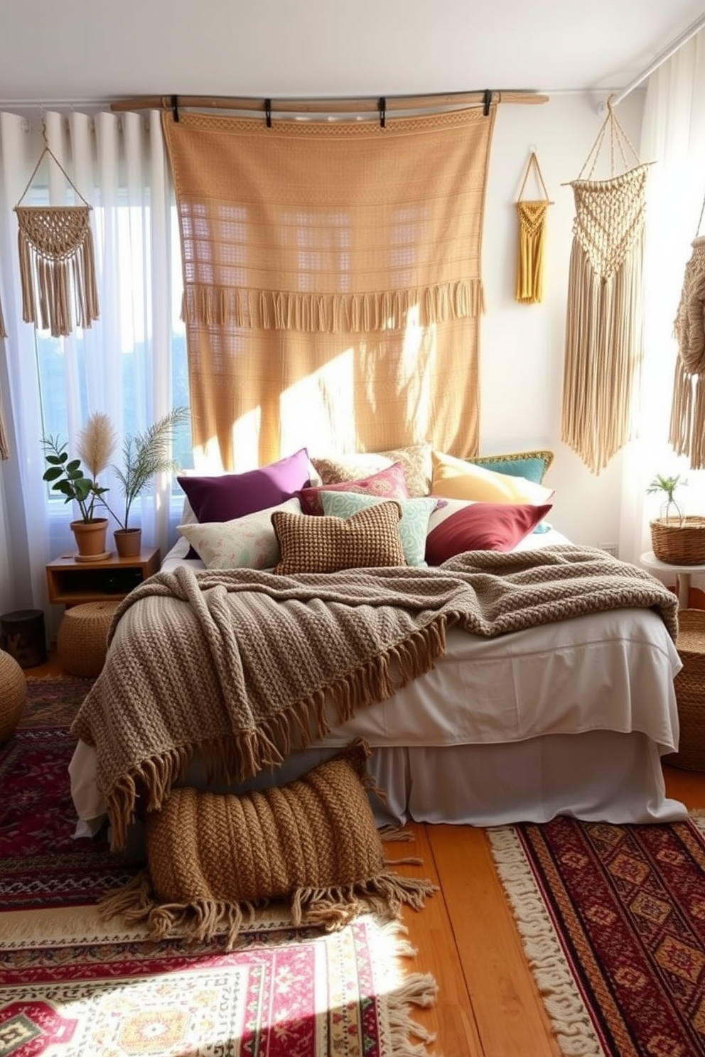 A bohemian bedroom filled with layered textiles creates a cozy and inviting atmosphere. The bed is adorned with an assortment of colorful throw pillows and a chunky knit blanket, while a woven tapestry hangs on the wall behind it. Natural light filters through sheer curtains, casting a soft glow across the room. A mix of patterned rugs covers the wooden floor, and macrame wall hangings add texture and charm to the space.