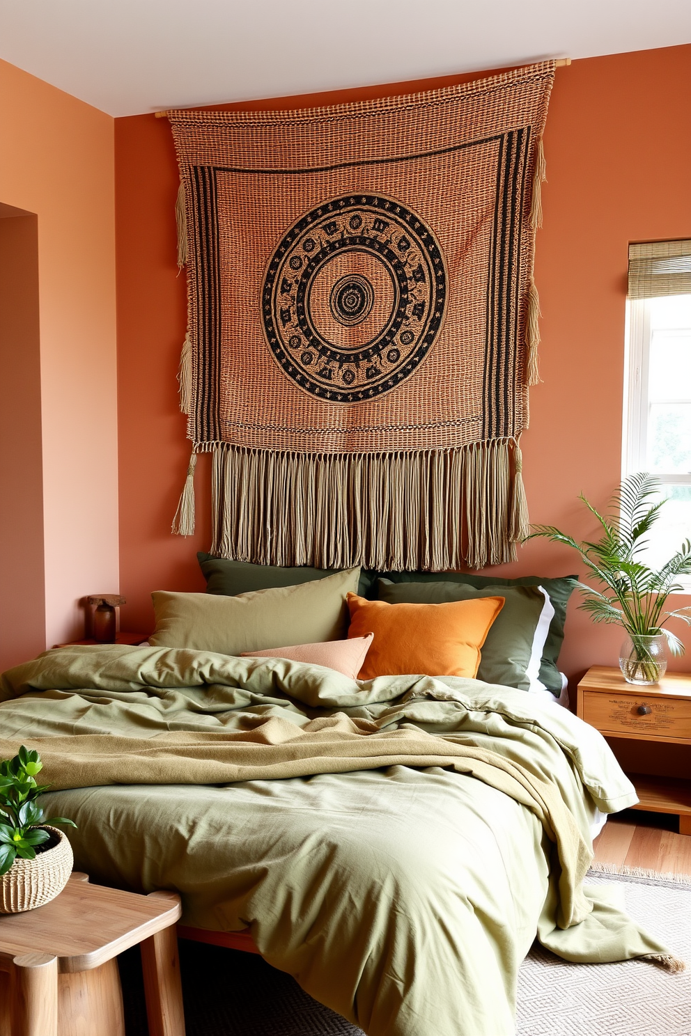 A serene boho bedroom featuring an earthy color palette that promotes a calming vibe. The walls are painted in soft terracotta, and the bedding is layered with various textures in muted greens and browns. A large woven tapestry hangs above the bed, adding warmth and character to the space. Natural wood furniture complements the overall aesthetic, with plants placed strategically to enhance the tranquil atmosphere.