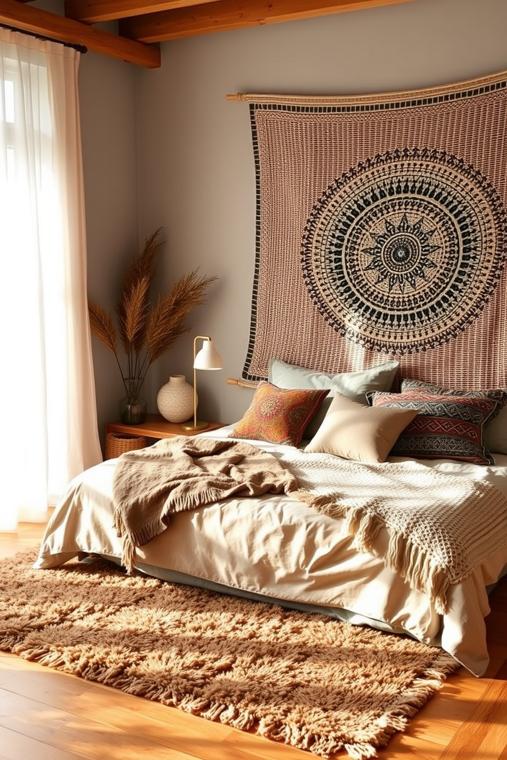 A cozy boho bedroom featuring a large woven tapestry on the wall that adds texture and warmth. A plush area rug in earthy tones covers the wooden floor, while layered bedding in various patterns invites relaxation. The bed is adorned with an assortment of colorful throw pillows and a soft knitted blanket. Natural light filters through sheer curtains, creating a serene atmosphere that enhances the room's inviting feel.