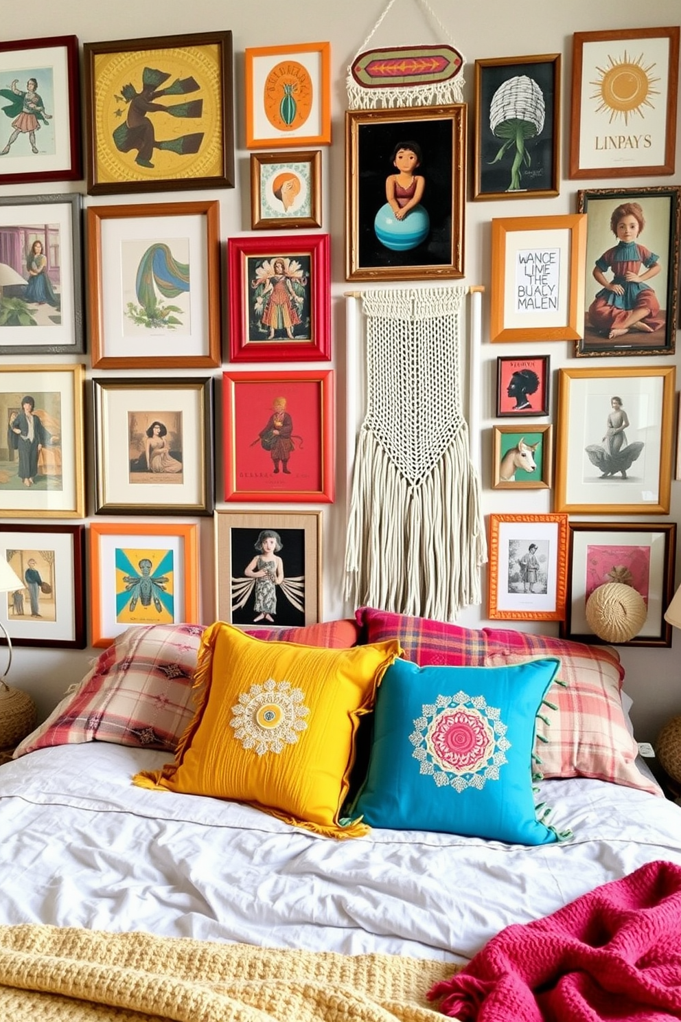 A gallery wall filled with eclectic art pieces showcasing a mix of styles and colors. Each frame is unique, creating a vibrant and dynamic focal point that draws the eye. A cozy boho bedroom featuring layered textiles and natural materials. The bed is adorned with colorful throw pillows and a macrame wall hanging adds texture to the space.