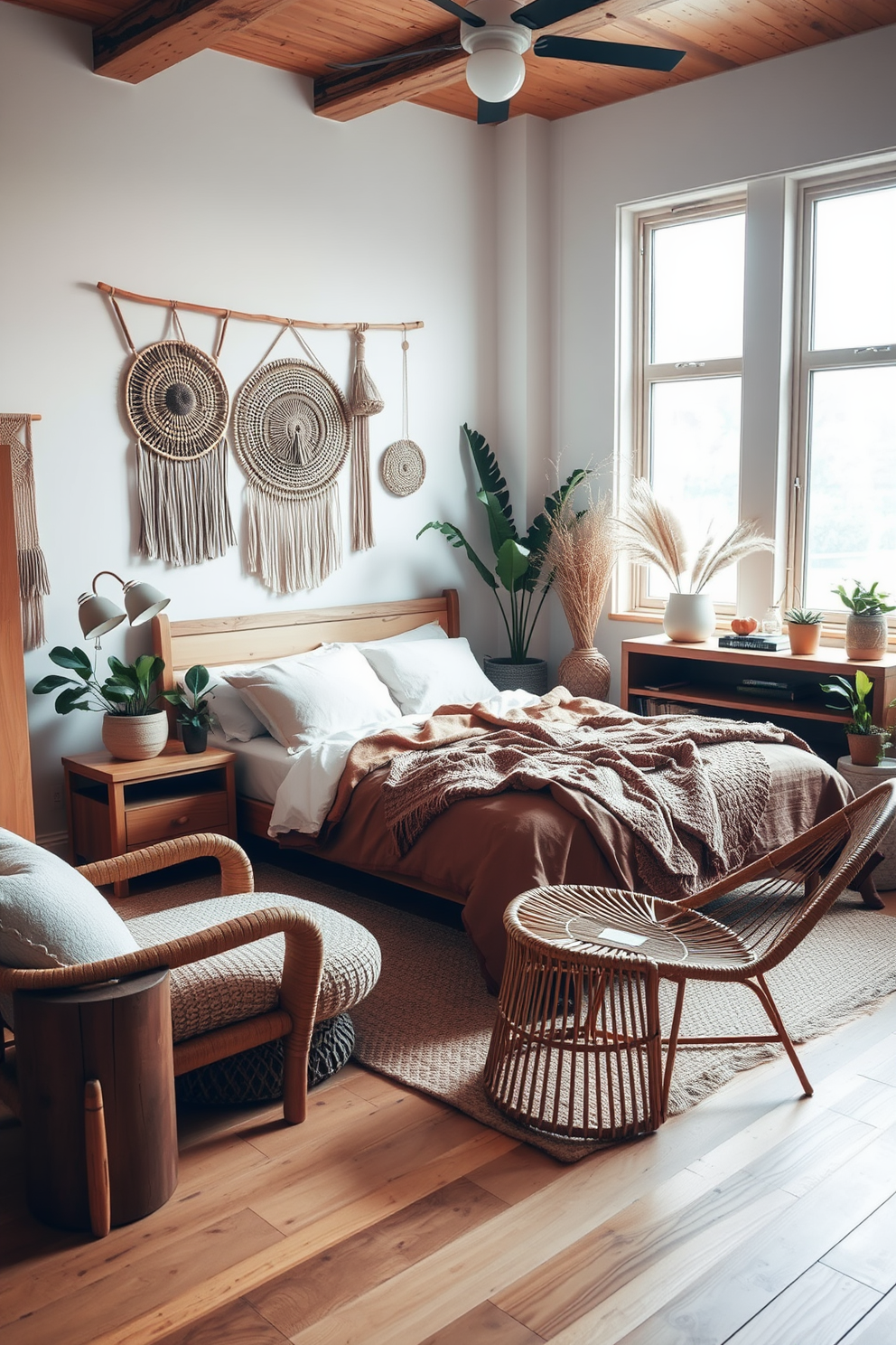 A serene boho bedroom setting featuring neutral bedding layered with vibrant colorful throws. The walls are adorned with macrame wall hangings, and a woven rug adds texture to the hardwood floor.