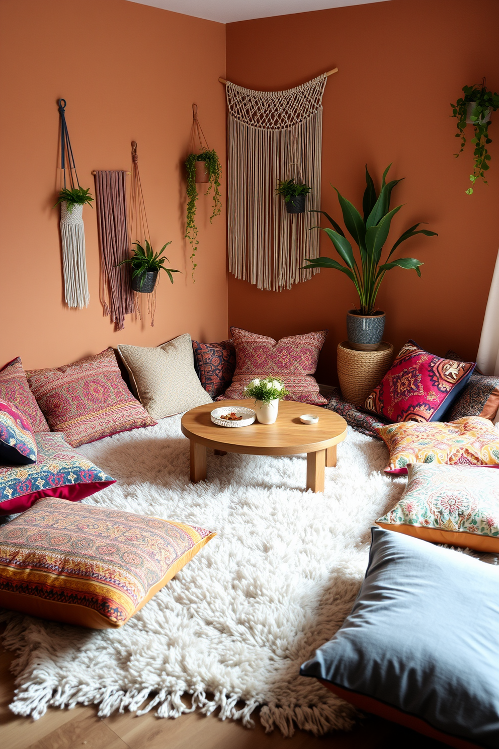 A cozy boho bedroom featuring hanging chairs suspended from the ceiling in a corner by a window. The room is adorned with layered textiles, including a woven rug and colorful throw pillows, creating a relaxed and inviting atmosphere. Natural light floods the space, highlighting the earthy tones of the decor and the greenery from potted plants. The walls are decorated with macrame wall hangings and framed artwork, enhancing the bohemian vibe.