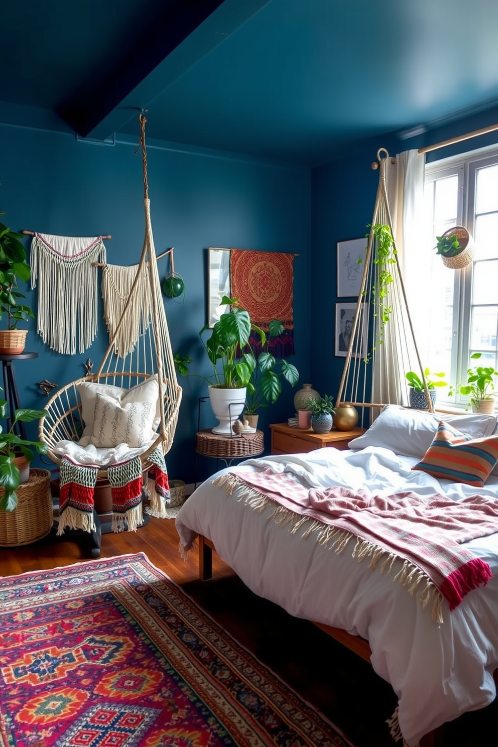 A cozy bohemian bedroom featuring hanging chairs that add a playful touch to the space. The room is adorned with colorful textiles, layered rugs, and plants that create a warm and inviting atmosphere.