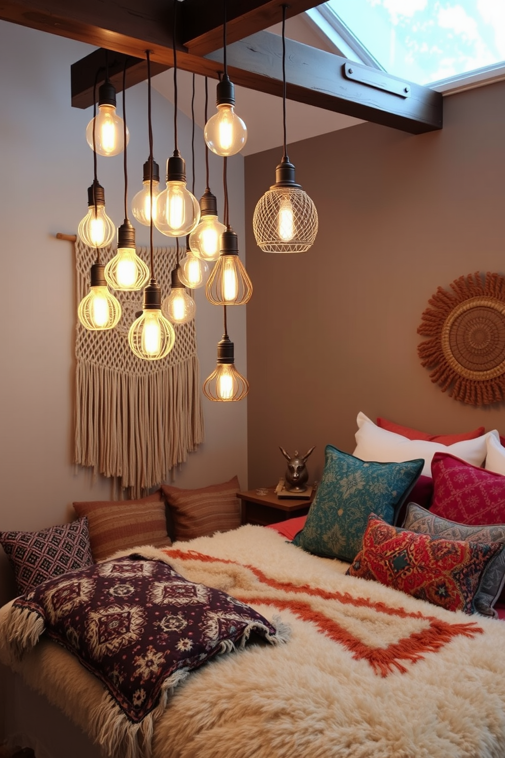 A cozy boho bedroom featuring a large bed adorned with textured blankets in earthy tones. Surrounding the bed are various plants in woven baskets, and macrame wall hangings add a touch of artistry to the space.