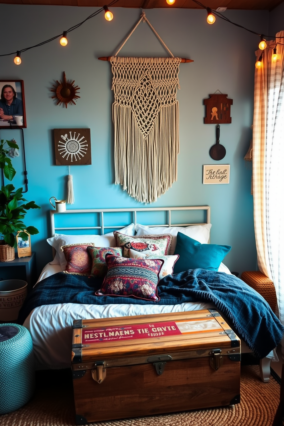 A cozy boho bedroom filled with personalized decor items that reflect individual style. A macrame wall hanging serves as a focal point, while a collection of eclectic throw pillows adorns the bed. A vintage trunk at the foot of the bed adds character and storage, complemented by a woven rug underfoot. Soft, ambient lighting from string lights creates a warm and inviting atmosphere.