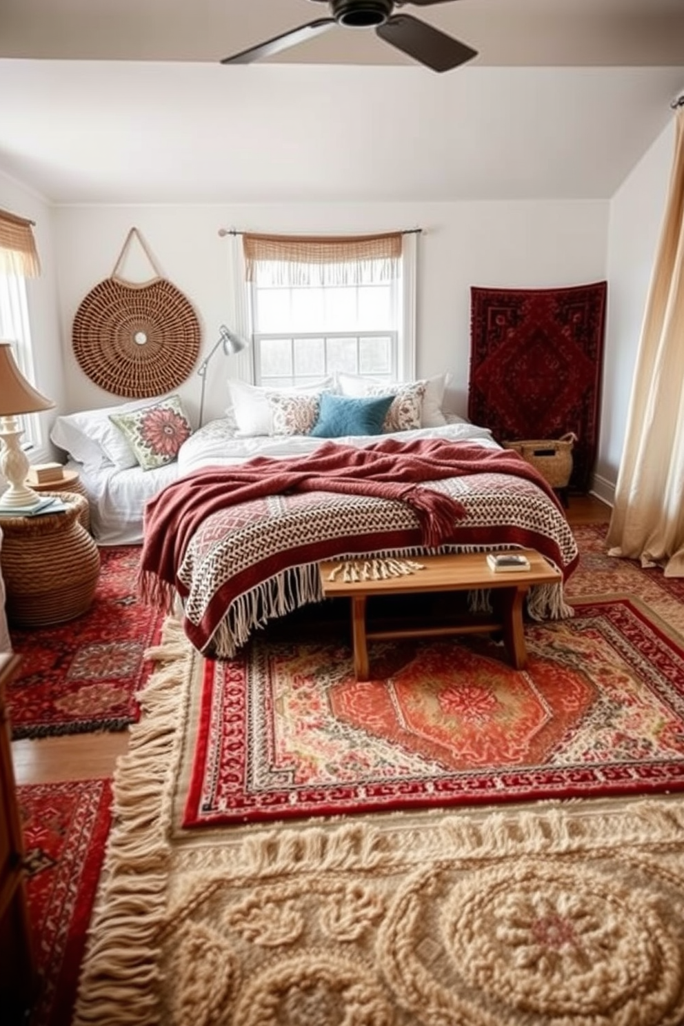 A cozy boho bedroom featuring layered rugs that add depth and comfort to the space. The rugs are in various textures and patterns, creating a warm and inviting atmosphere.