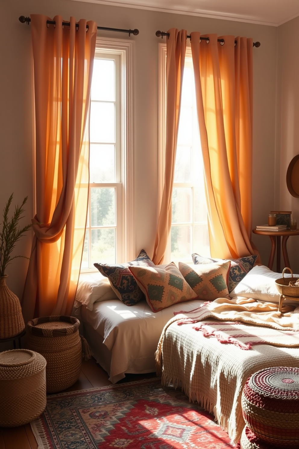 A cozy boho bedroom filled with natural light. The walls are adorned with decorative mirrors that reflect the sunlight, creating an airy atmosphere. A large, patterned area rug anchors the space, complemented by a mix of textured pillows on the bed. Hanging plants and woven wall art add a touch of nature and warmth to the design.