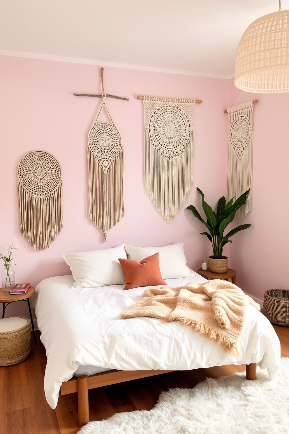 A cozy boho bedroom featuring macrame wall hangings that add texture and warmth to the space. The bed is adorned with layered textiles in earthy tones, complemented by vibrant throw pillows and a knitted blanket. Natural light filters through sheer curtains, illuminating the room and enhancing the relaxed atmosphere. A rattan chair in the corner invites you to unwind, while potted plants bring a touch of nature indoors.