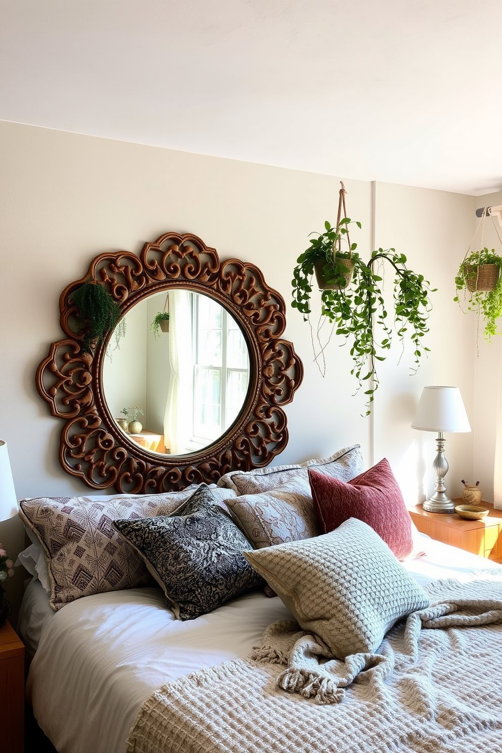 A cozy boho bedroom filled with natural light. The focal point is a large decorative mirror with an intricate wooden frame that reflects the soft colors of the room. Layered textiles create a warm and inviting atmosphere. A mix of patterned throw pillows and a chunky knit blanket adorns the bed, while hanging plants add a touch of greenery.