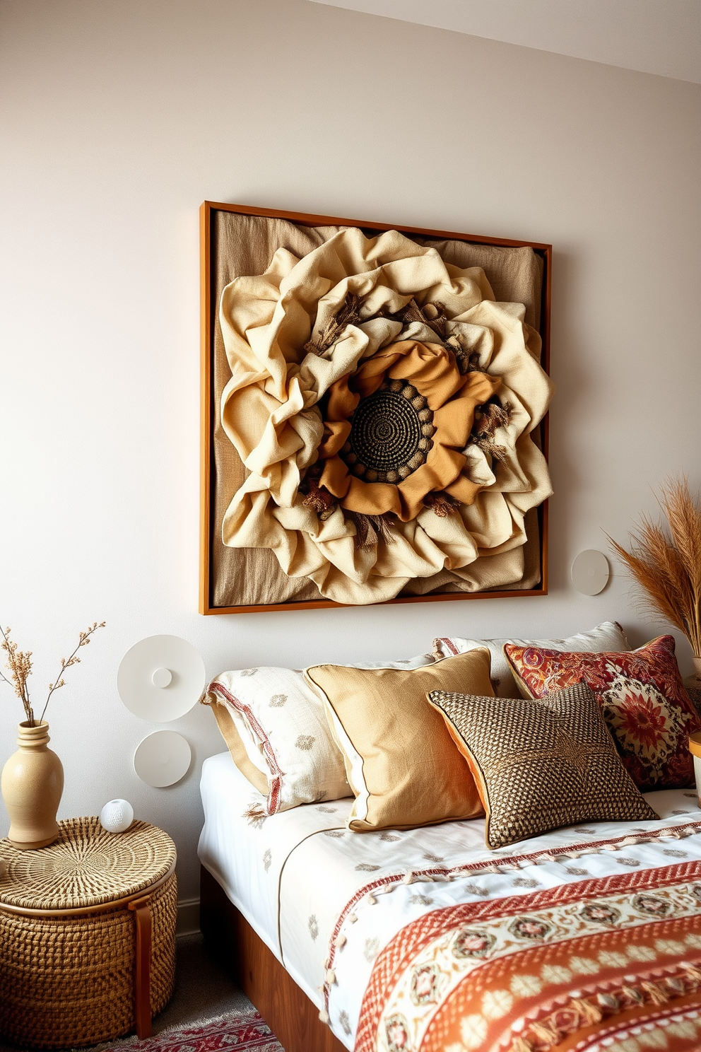 Textured wall art creates a focal point in the room, featuring layers of fabric and natural materials that add depth and interest. The boho bedroom design incorporates warm earthy tones, with a cozy mix of patterns and textures in the bedding and accessories.