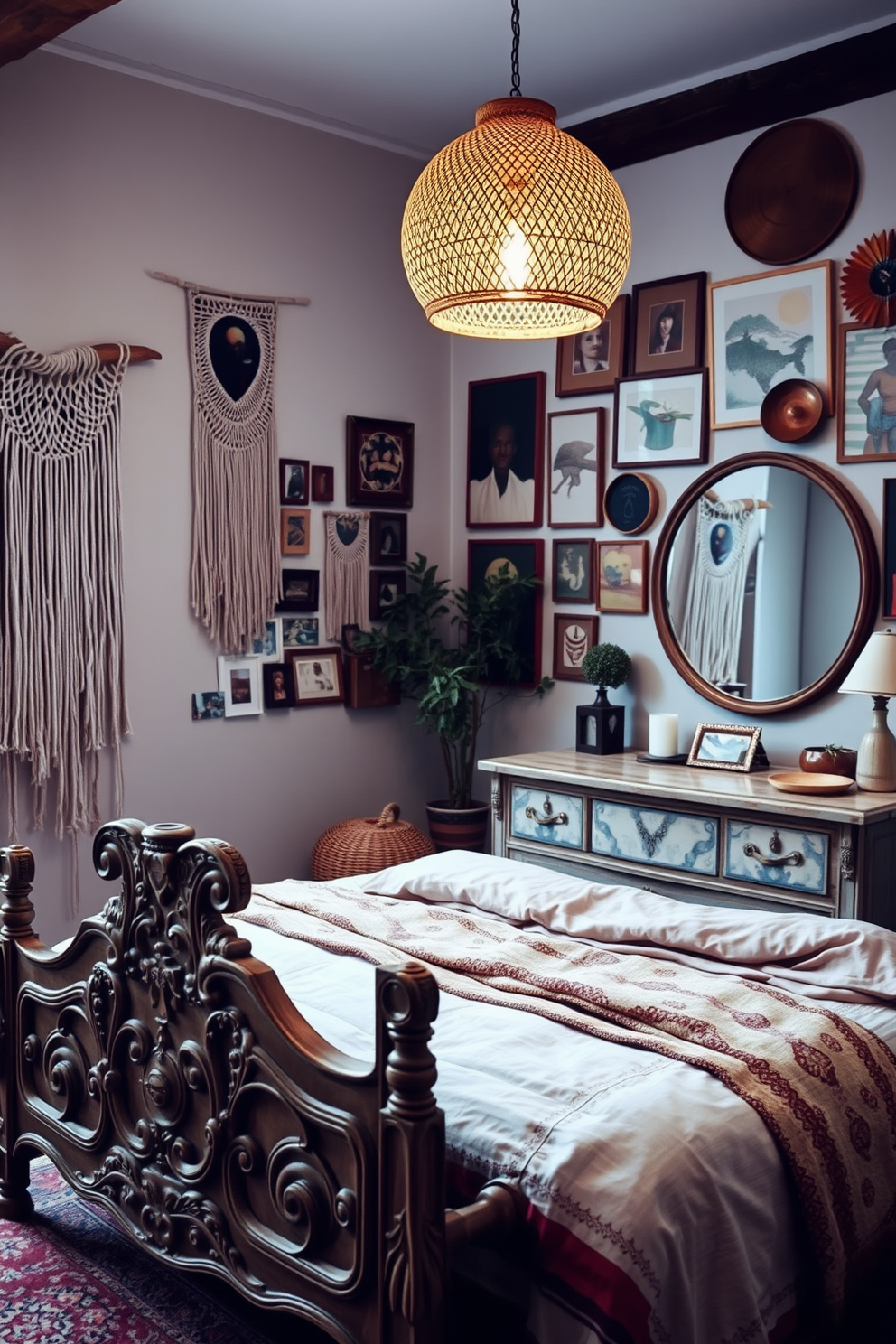 A cozy boho bedroom featuring a vintage-inspired bed frame with intricate carvings and soft, layered textiles. The walls are adorned with macrame wall hangings and a gallery of eclectic artwork, creating a warm and inviting atmosphere. A vintage dresser with a distressed finish sits against one wall, complemented by a large round mirror above it. Soft, ambient lighting from a rattan pendant lamp casts a gentle glow, enhancing the relaxed vibe of the space.