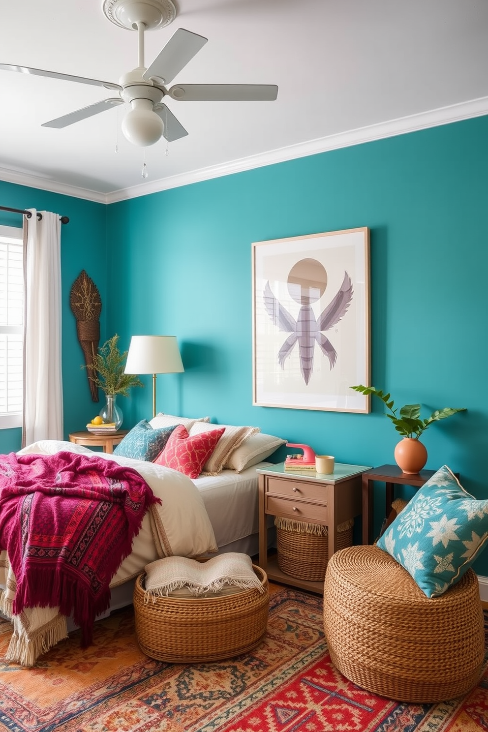 A cozy boho bedroom features soft, flowing curtains that gently filter the sunlight, creating a light and airy atmosphere. The room is adorned with eclectic decor, including a mix of textured pillows and a woven wall hanging that adds warmth and character.