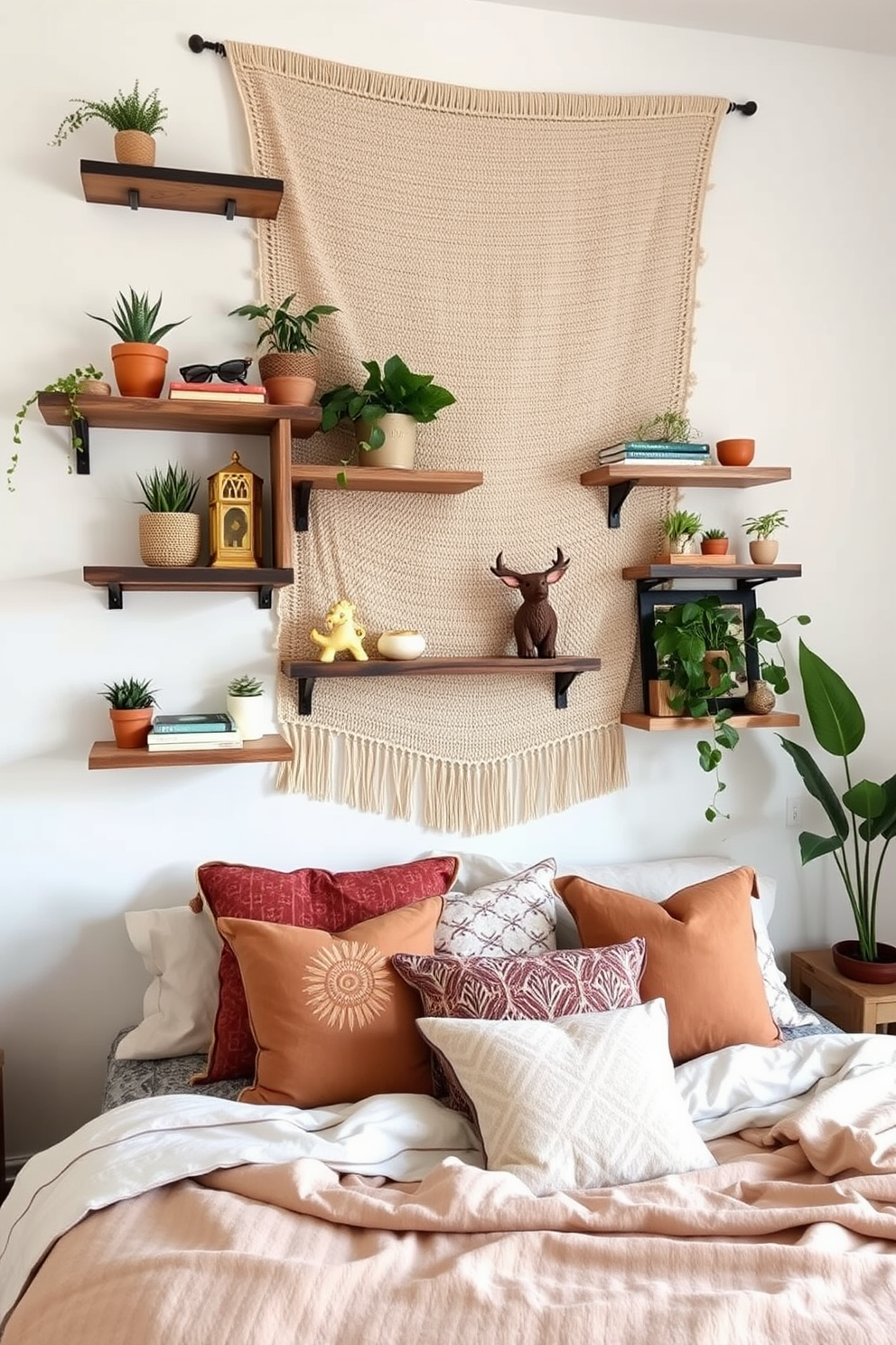 Creative shelving for showcasing decor items. The shelves are made of reclaimed wood and are arranged in an asymmetrical pattern on the wall. Each shelf holds a mix of plants, books, and unique decorative pieces that reflect personal style. The backdrop is painted in a soft white to enhance the vibrancy of the displayed items. Boho Bedroom Design Ideas. The room features a large, woven tapestry above the bed that adds texture and warmth. Layered bedding in earthy tones complements a mix of patterned throw pillows for a cozy and inviting atmosphere.