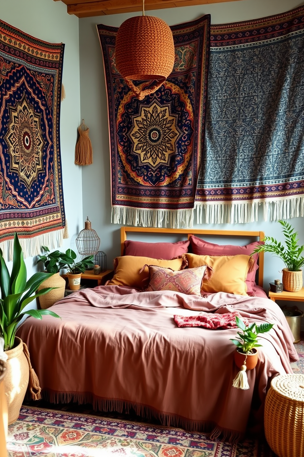 A cozy boho bedroom adorned with colorful tapestries hanging on the walls. The tapestries feature intricate patterns and vibrant hues, adding warmth and character to the space. A plush bed with layered bedding in earthy tones sits at the center of the room. Surrounding the bed are various plants and handmade decor elements that enhance the bohemian aesthetic.