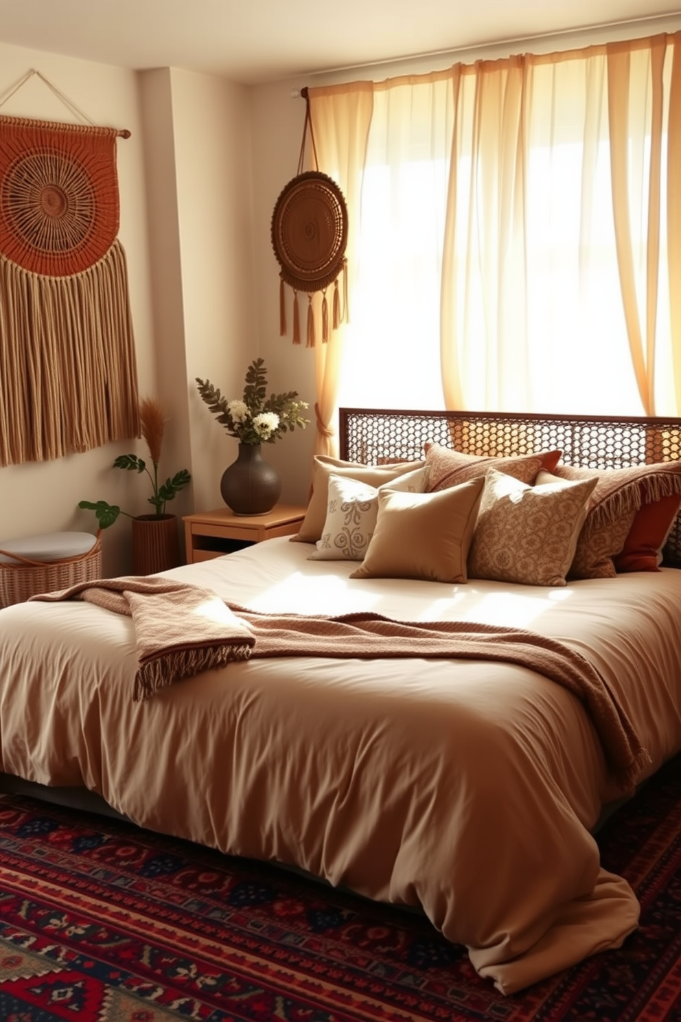 A cozy boho bedroom featuring a large oversized bed with soft, plush bedding in earthy tones. The walls are adorned with woven wall hangings and the floor is covered with a colorful patterned rug that adds warmth to the space. Natural light floods the room through sheer curtains, creating a serene atmosphere. Decorative pillows in various textures and patterns are scattered across the bed, enhancing the bohemian vibe.