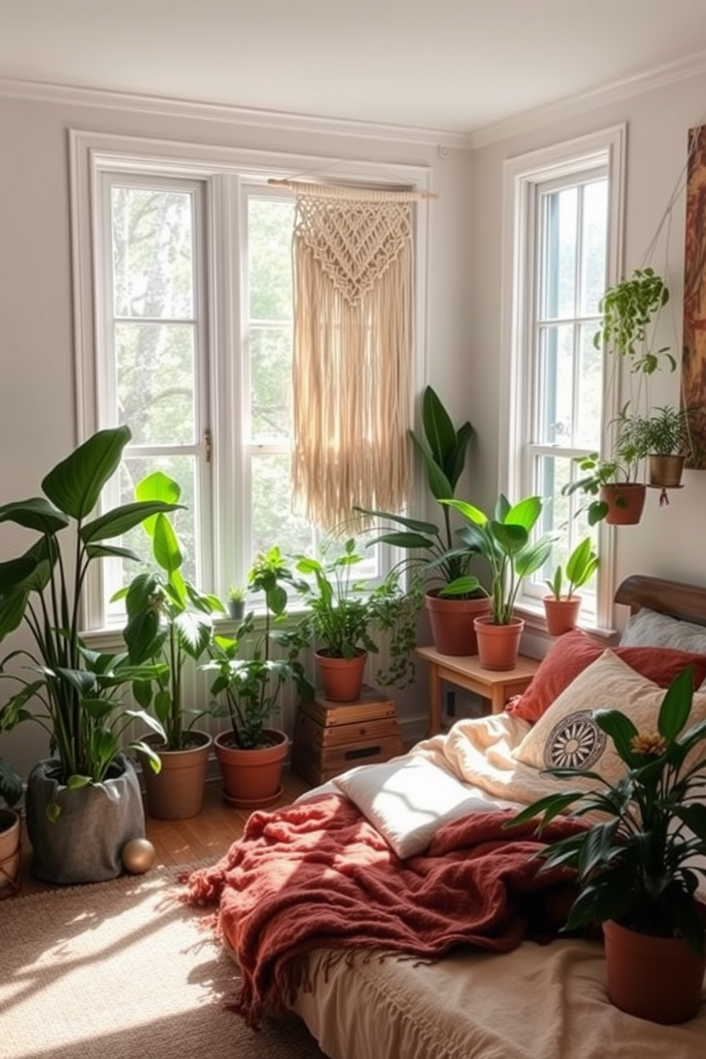 A cozy bohemian bedroom filled with natural light. There are potted plants in various sizes placed throughout the room, adding freshness and a touch of nature. The bed is adorned with layered textiles in earthy tones and patterns. A macrame wall hanging serves as a focal point above the headboard, complementing the relaxed vibe of the space.