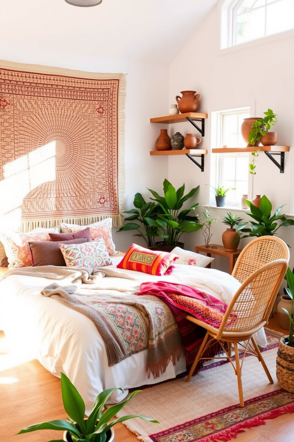 A boho bedroom filled with natural light. The space features a large woven tapestry on one wall and artisan pottery pieces displayed on floating shelves. A cozy bed with layered textiles and vibrant throw pillows creates an inviting atmosphere. A rattan chair in the corner adds a touch of warmth, complemented by potted plants throughout the room.