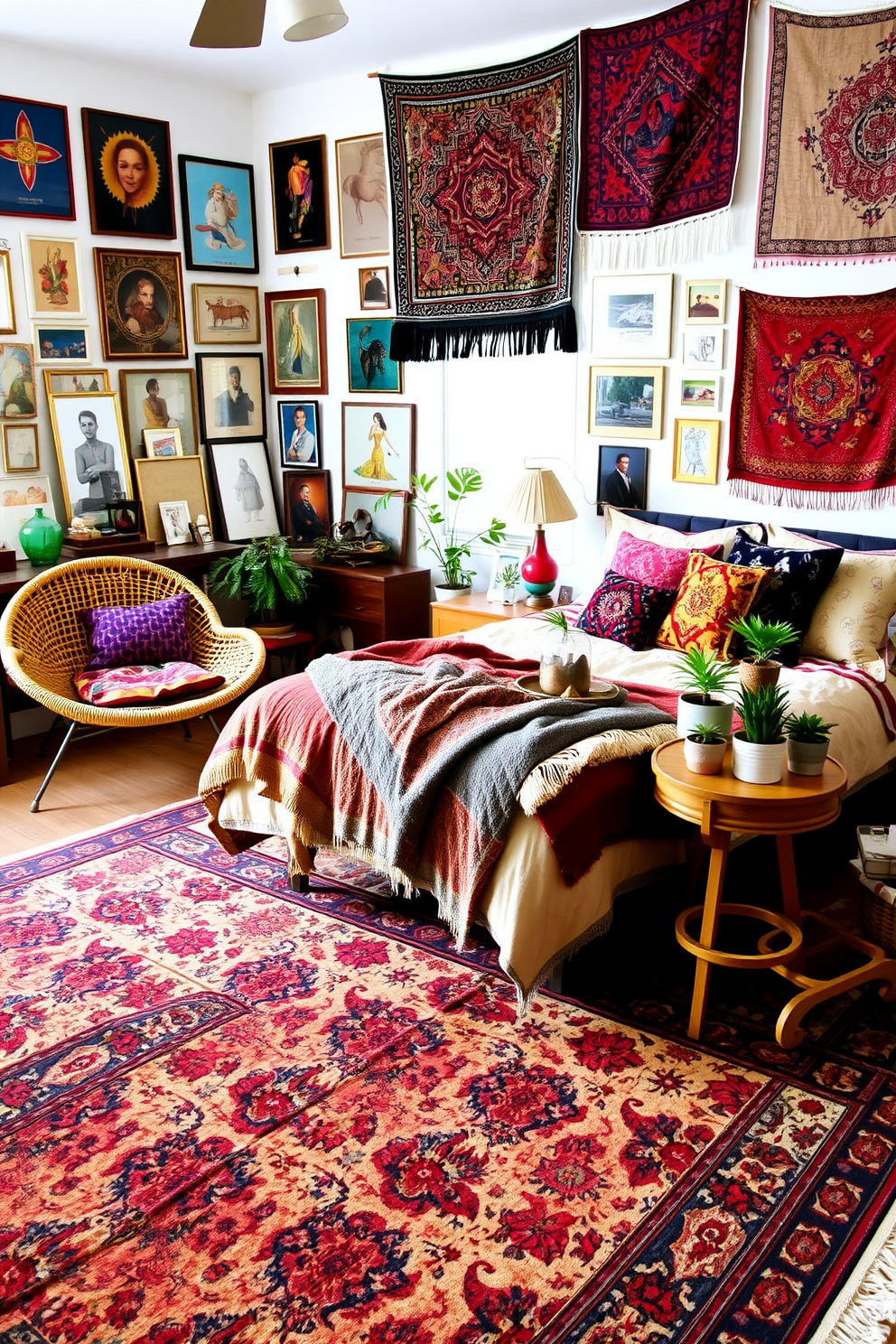 An eclectic boho bedroom features a mix of vintage and modern furniture styles creating a cozy and inviting atmosphere. A large, patterned area rug anchors the space while mismatched throw pillows adorn a plush bed layered with colorful blankets and textures. A rattan chair sits in one corner next to a small wooden side table displaying a collection of potted plants. The walls are adorned with an array of artwork and tapestries that reflect personal style and creativity.