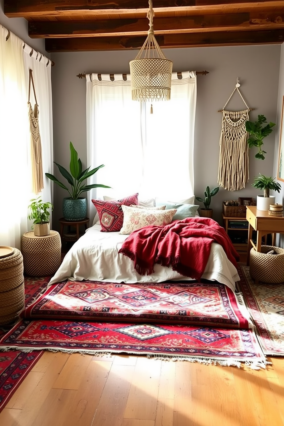 A cozy boho bedroom filled with vintage rugs that add character and charm. The room features a layered look with a large, colorful area rug under the bed and smaller patterned rugs scattered throughout the space. Soft natural light filters through sheer curtains, illuminating a mix of textured pillows and throws on the bed. A macrame wall hanging and potted plants enhance the bohemian vibe, creating a warm and inviting atmosphere.