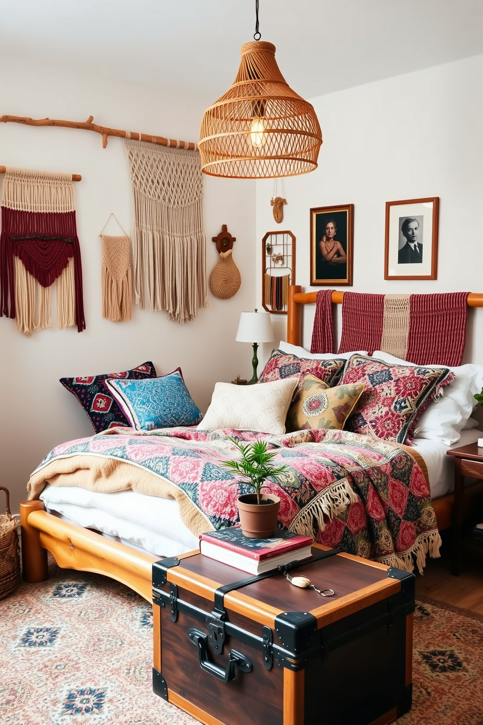 A cozy boho bedroom with open shelving that showcases an array of treasures and personal mementos. The shelves are adorned with plants, colorful textiles, and unique decorative items that reflect a relaxed and artistic vibe.