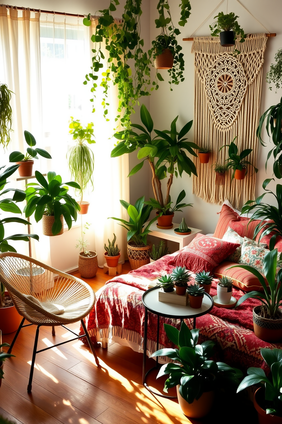 A cozy boho bedroom filled with an array of indoor plants that bring a vibrant touch of nature. The room features a large macrame wall hanging and a bed adorned with colorful textiles and layered cushions. Natural light filters through sheer curtains, casting soft shadows on the wooden floor. A rattan chair sits in the corner, accompanied by a small side table displaying a collection of potted succulents.