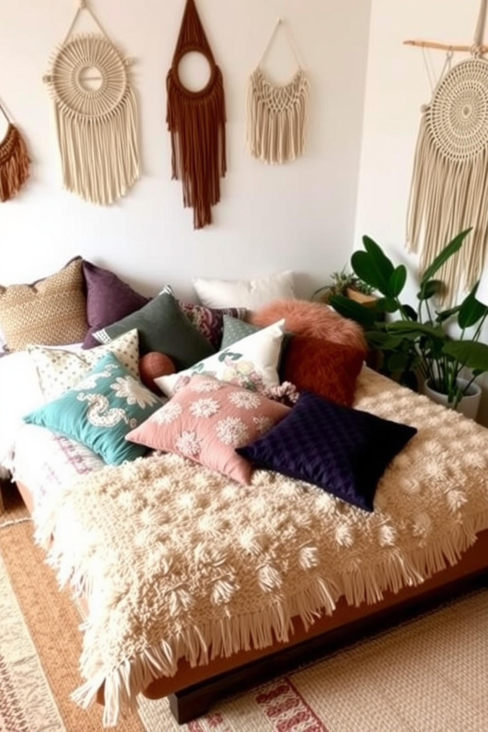 A cozy boho bedroom filled with mismatched throw pillows in various colors and patterns scattered across a plush bed. The walls are adorned with macrame wall hangings and the floor is layered with textured rugs, creating a warm and inviting atmosphere.