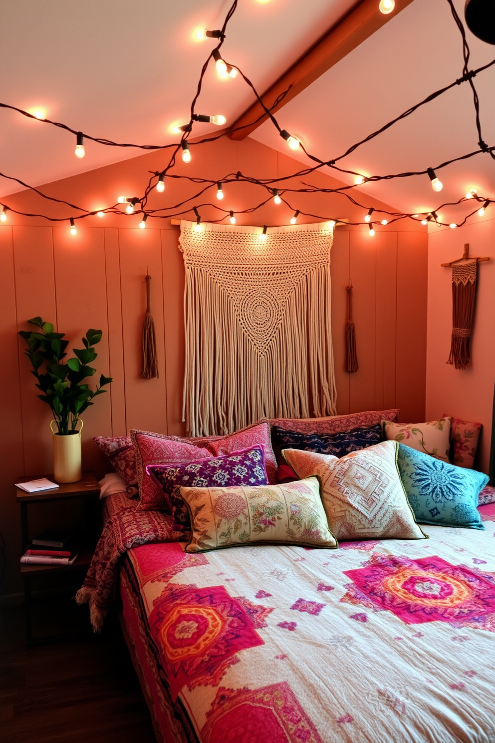 A cozy boho bedroom featuring string lights draped across the ceiling creates a warm and inviting atmosphere. The bed is adorned with layered textiles including a colorful quilt and an array of patterned pillows, complemented by a woven wall hanging above the headboard.