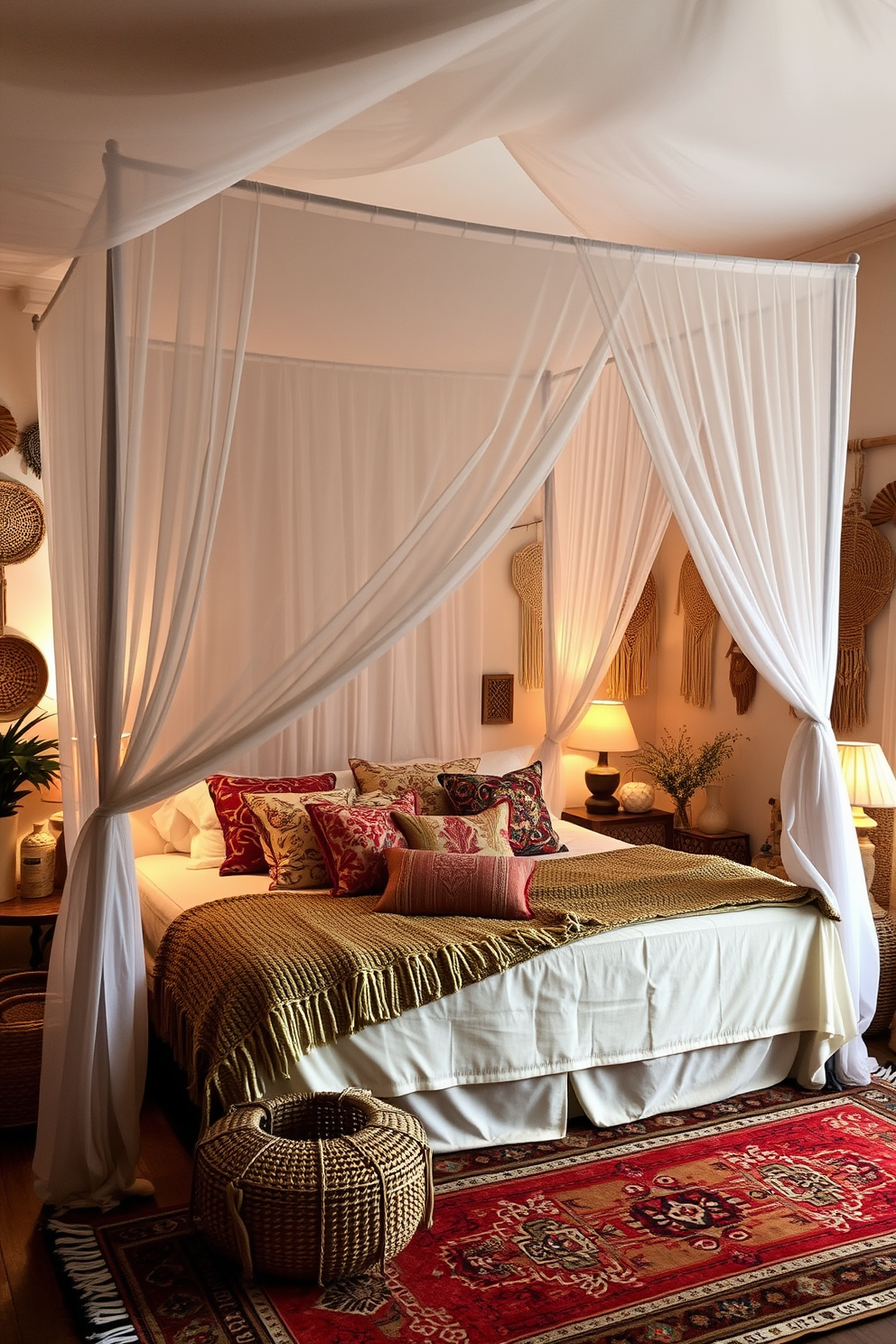 A canopy bed draped with sheer white fabric creates a dreamy and ethereal atmosphere in the bedroom. The walls are painted in soft pastel hues, and the floor is adorned with a plush area rug that adds warmth and texture. Surrounding the bed, a mix of eclectic throw pillows in various patterns and colors enhances the bohemian vibe. Natural elements like woven baskets and potted plants bring a touch of nature indoors, completing the serene and inviting space.