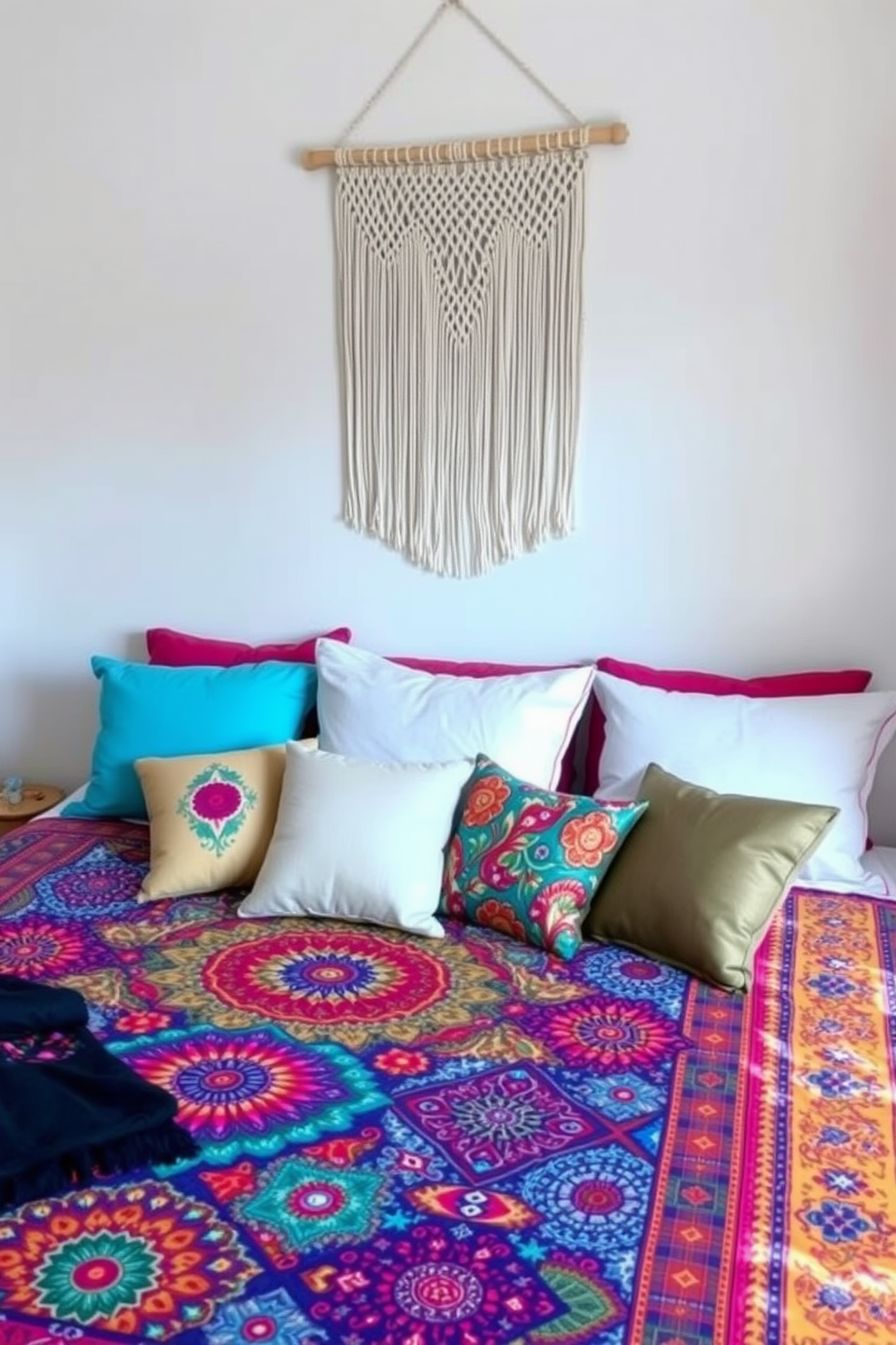 Colorful bedding to brighten the space. A vibrant quilt adorned with intricate patterns covers a king-sized bed, surrounded by an assortment of plush pillows in various colors and textures. The walls are painted in a soft white to enhance the brightness of the room. A woven macrame wall hanging adds a touch of bohemian flair above the bed, complementing the overall aesthetic.