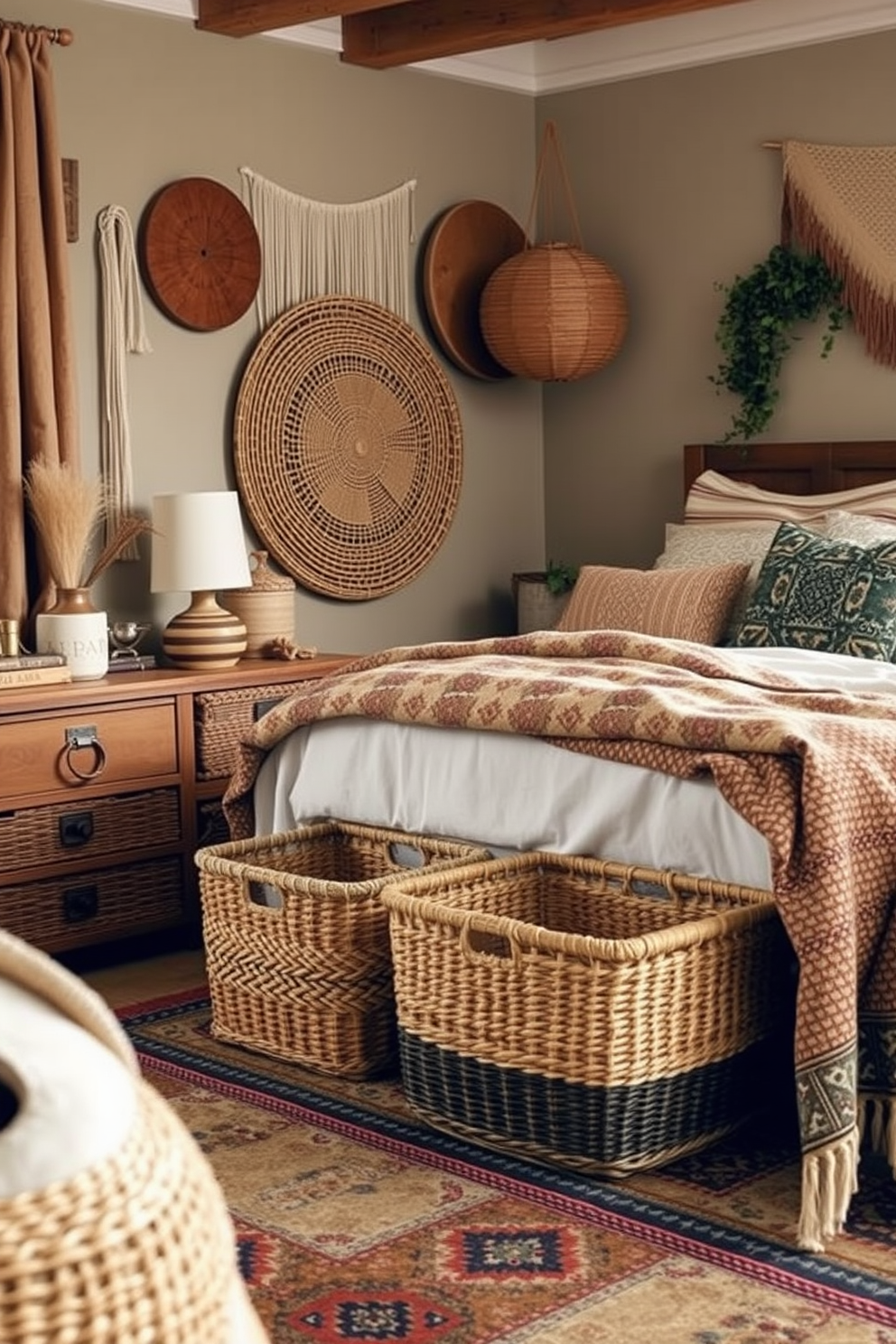 A cozy boho bedroom featuring woven baskets as stylish storage solutions. The room is adorned with earthy tones, layered textiles, and a mix of patterns that create a warm and inviting atmosphere.