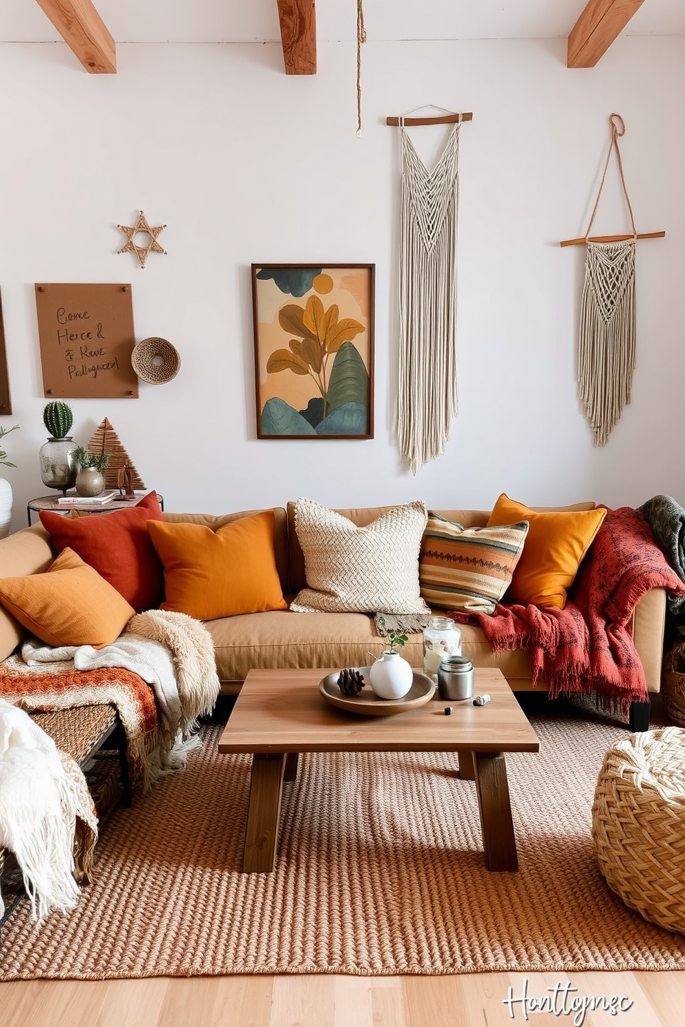 A cozy seating area featuring layered textiles in warm earth tones. Plush cushions and throws are artfully arranged on a low-profile sofa, complemented by a woven rug that adds texture to the space. The walls are adorned with eclectic artwork and macrame hangings, creating a relaxed boho atmosphere. A wooden coffee table sits at the center, surrounded by a mix of vintage and modern decor elements.