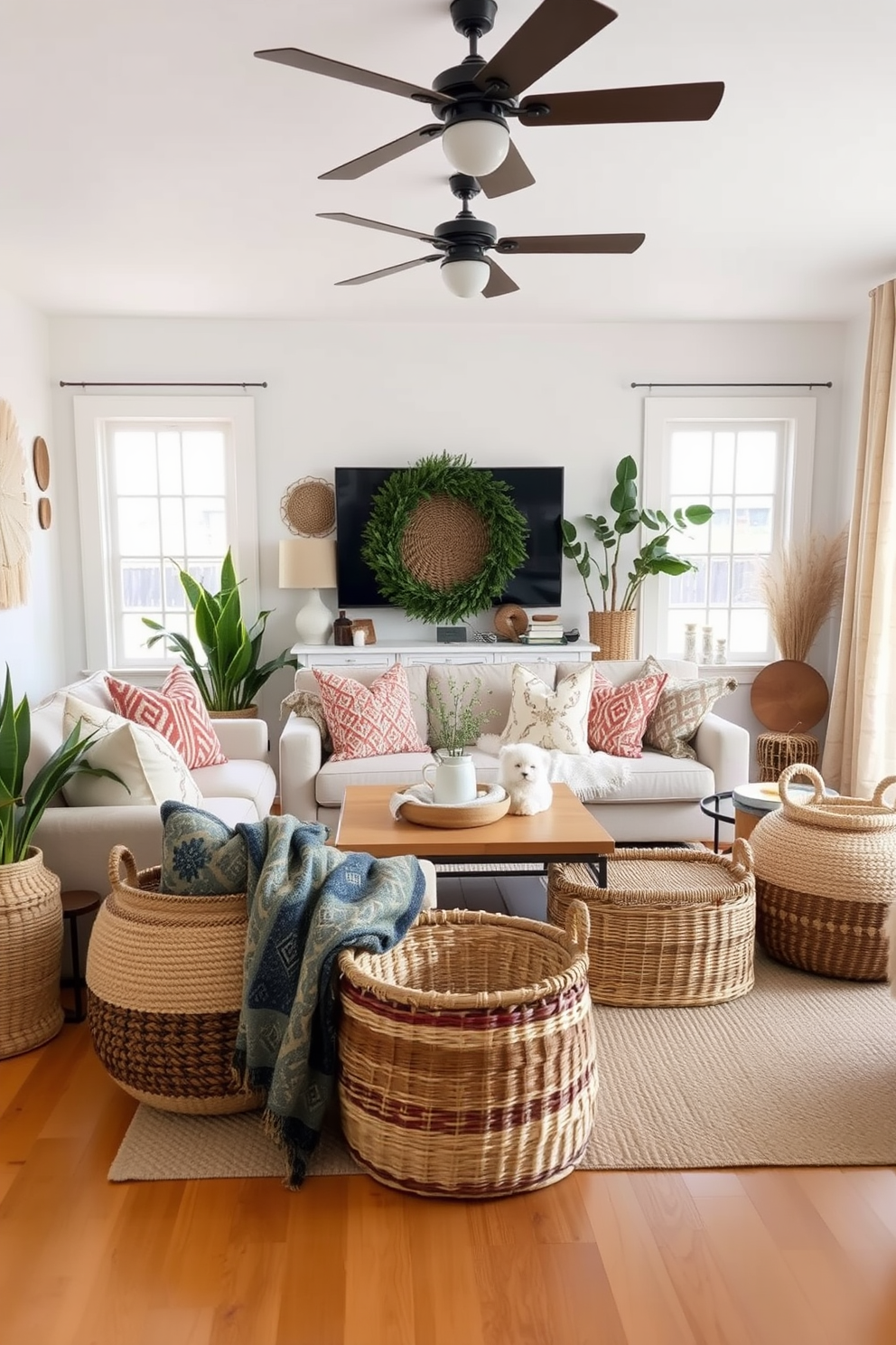 A cozy boho chic living room filled with natural textures and earthy tones. Woven baskets are strategically placed around the room for stylish storage, adding warmth and functionality to the space.