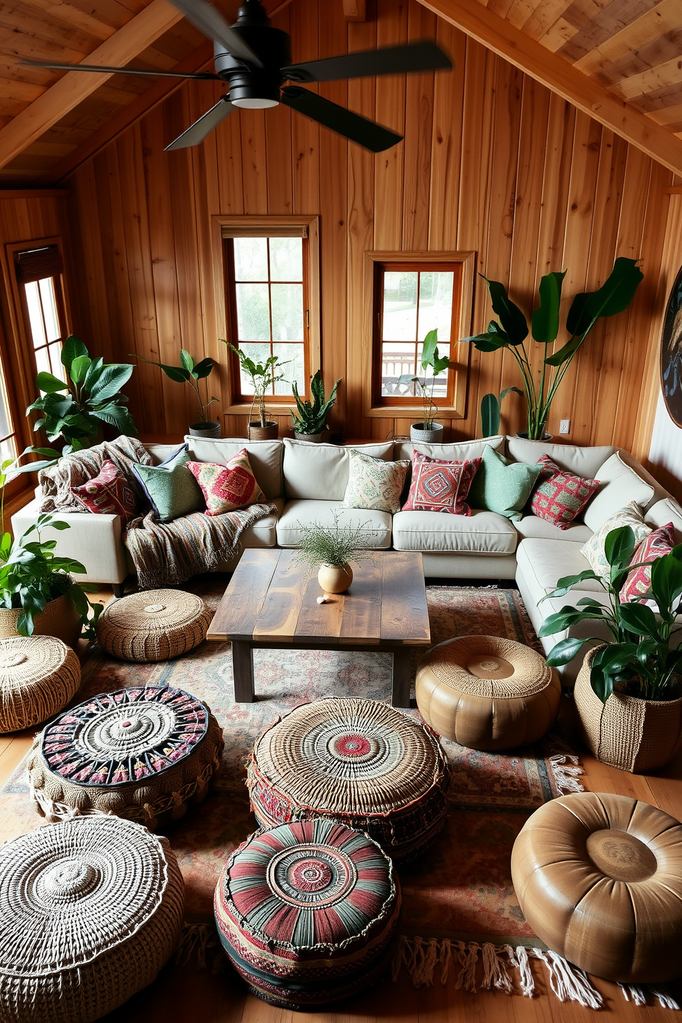 A Boho Chic living room filled with natural wood finishes that exude warmth. The space features a large, comfortable sectional sofa adorned with colorful throw pillows and a woven blanket. A reclaimed wood coffee table sits at the center, surrounded by an eclectic mix of poufs and floor cushions. Lush indoor plants are strategically placed around the room, enhancing the cozy, inviting atmosphere.