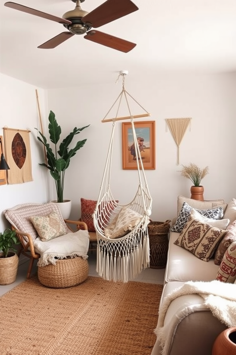 A cozy boho chic living room featuring a hammock chair suspended from the ceiling. The space is adorned with layered textiles, including patterned throw pillows and a woven area rug, creating a warm and inviting atmosphere.