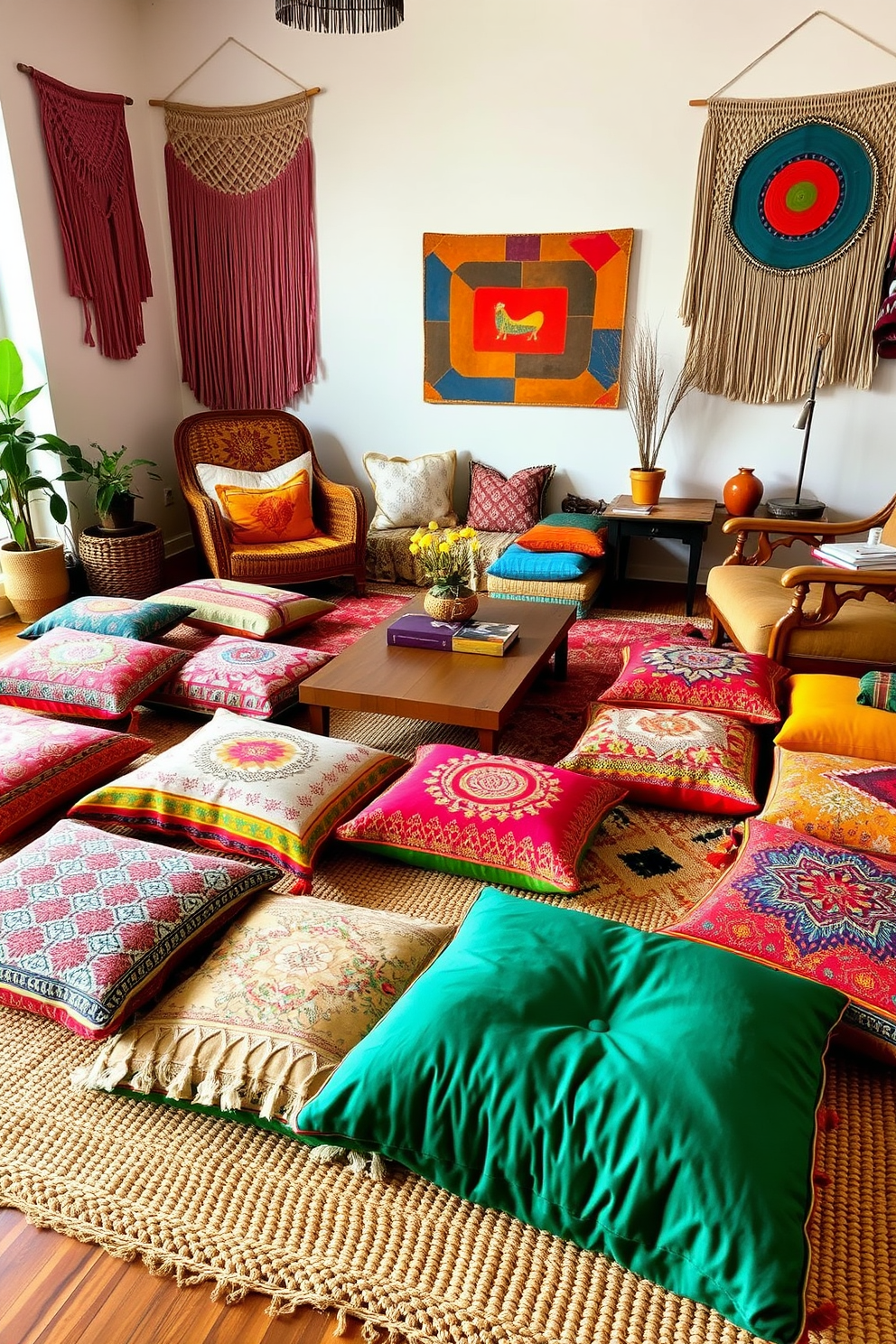 A cozy Boho Chic living room features an array of colorful floor cushions scattered across a woven area rug. The cushions are adorned with intricate patterns and textures, inviting casual lounging and relaxation. Surrounding the cushions are eclectic furniture pieces, including a low wooden coffee table and a vintage armchair. The walls are adorned with macrame wall hangings and vibrant artwork that enhance the warm, inviting atmosphere.