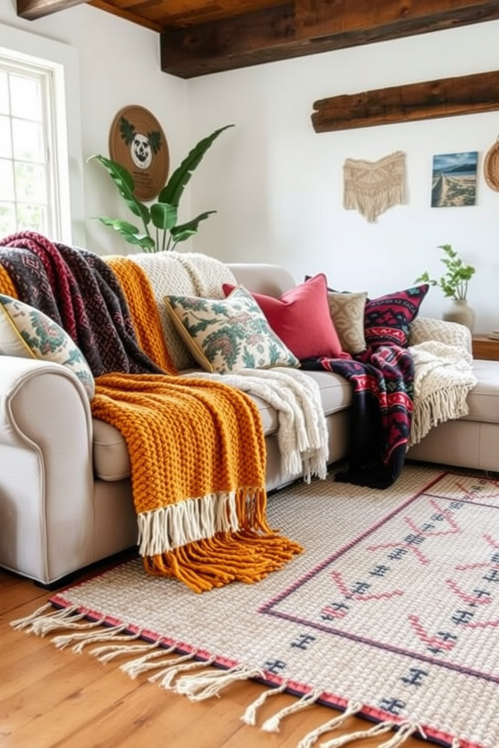 Colorful poufs in various shapes and sizes are scattered across a vibrant area rug, adding playful accents to the space. The living room features a mix of textures with macrame wall hangings, layered textiles, and an eclectic assortment of cushions on a cozy sofa. Natural light floods the room through large windows adorned with sheer curtains, enhancing the bohemian vibe. Potted plants in the corners and hanging from the ceiling bring a touch of nature indoors, creating a warm and inviting atmosphere.