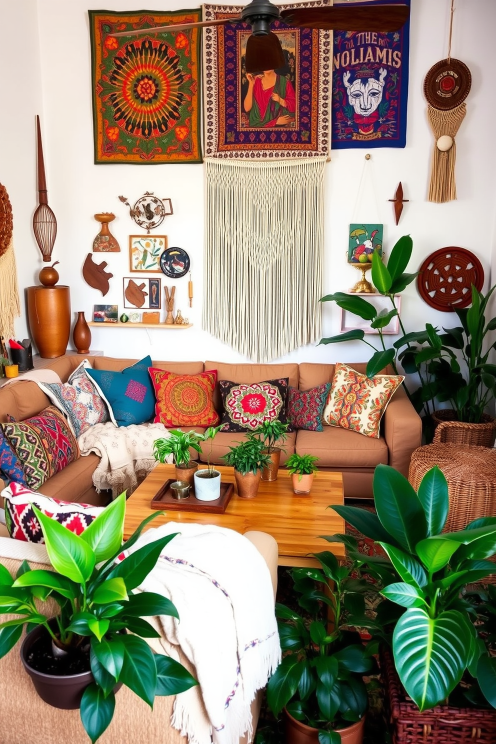 A Boho Chic living room features an eclectic mix of global-inspired decor accents that create a warm and inviting atmosphere. Colorful textiles, such as patterned throw pillows and woven blankets, adorn a comfortable sofa, while a collection of unique artifacts from around the world adds character to the space. The walls are adorned with vibrant artwork and macrame hangings that reflect diverse cultures and artistic styles. A natural wood coffee table sits at the center, surrounded by an array of plants that bring life and freshness to the room.