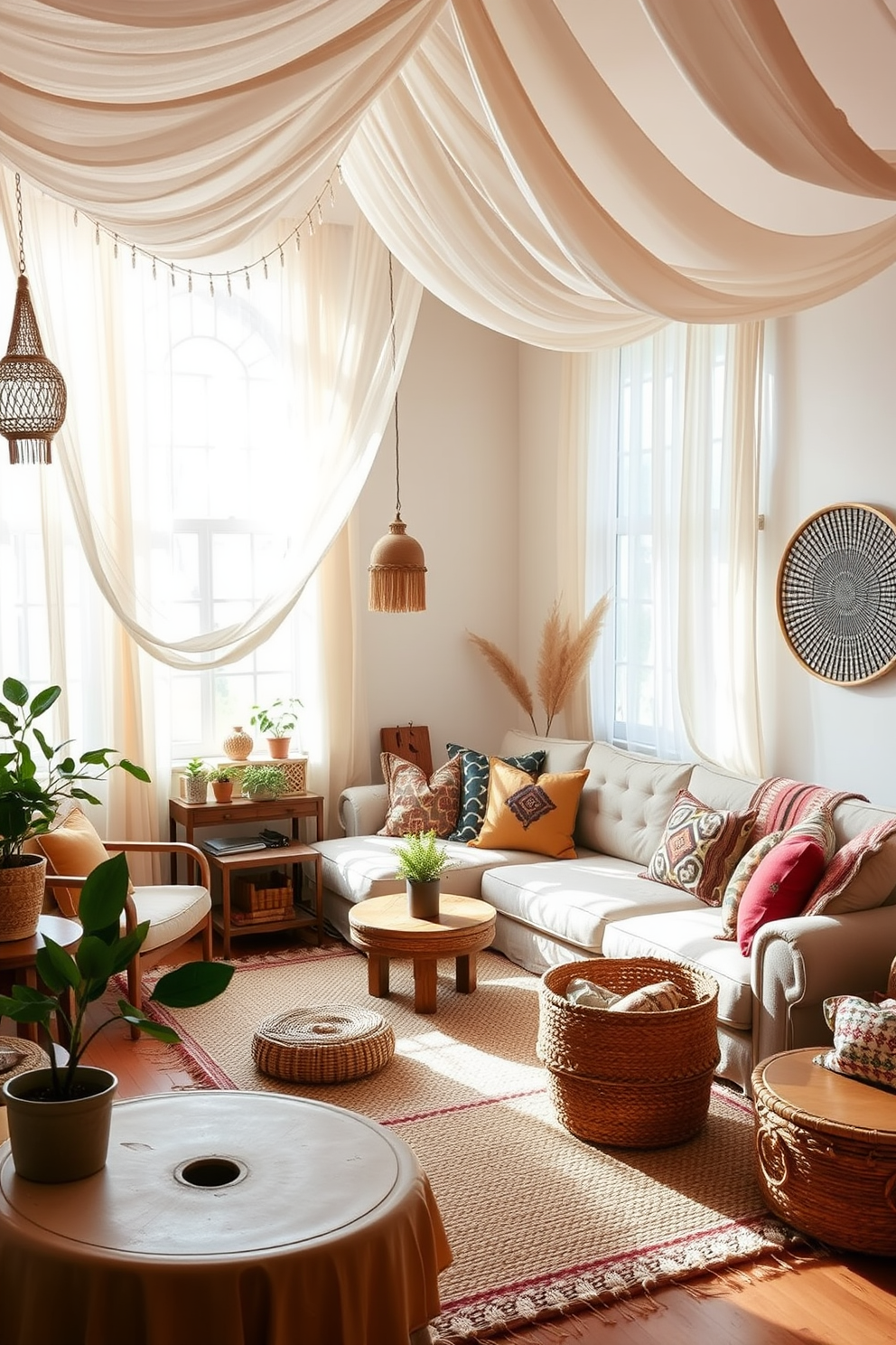 A cozy boho chic living room filled with warmth and texture. Light filtering curtains drape gracefully from the ceiling, softening the natural light that floods the space. The room features a large, plush sectional sofa adorned with colorful throw pillows. An eclectic mix of wooden furniture and woven baskets adds character and charm to the overall design.